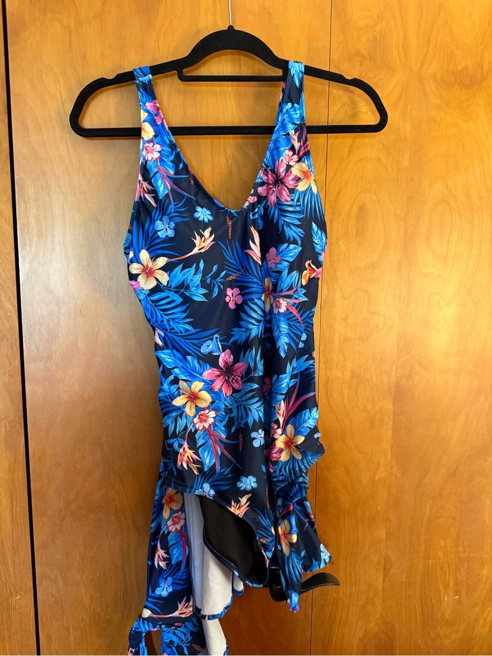 Tropical Floral Navy One-Piece Swimsuit with Skirt Sz Med